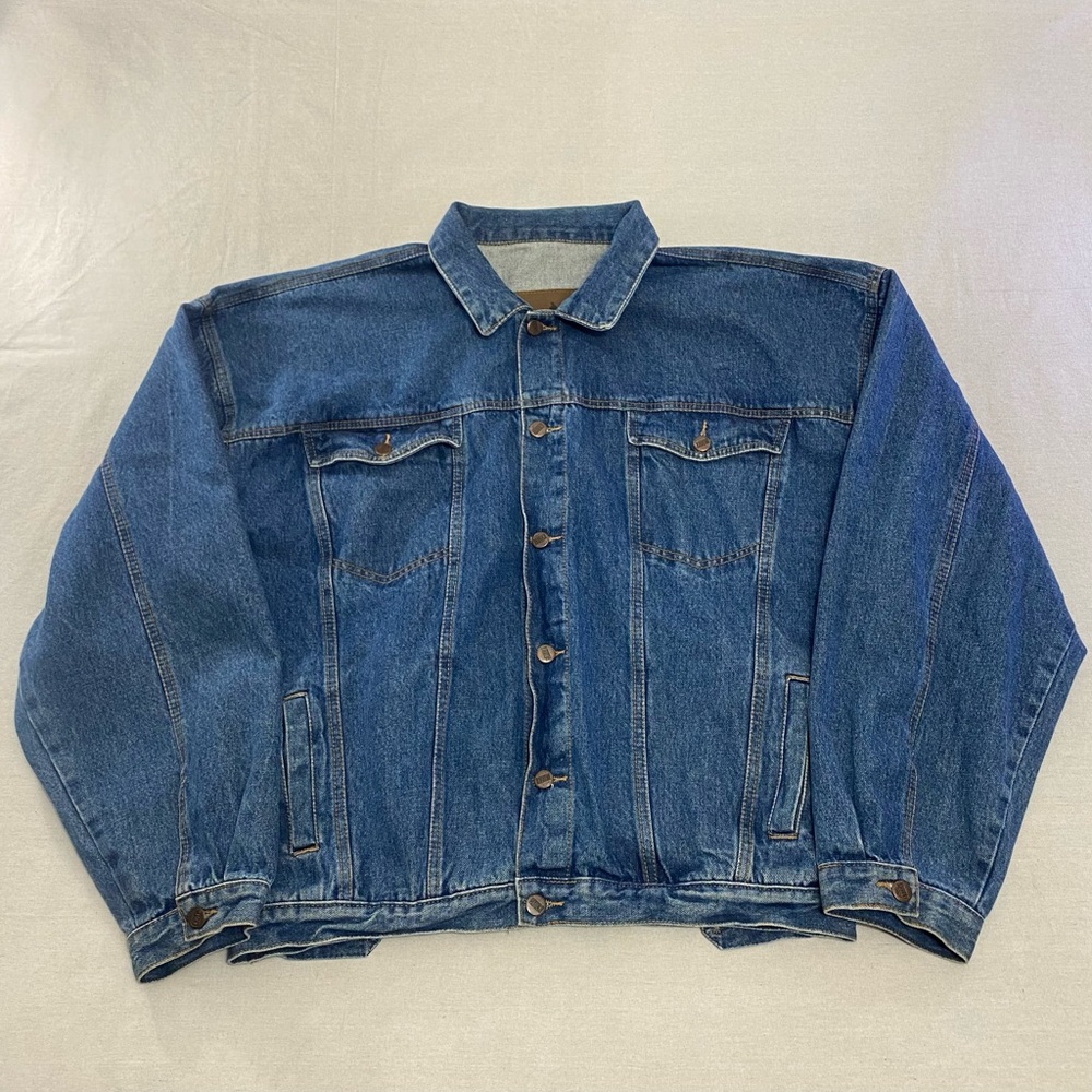 Robert Stock Size XL Denim Blue 4 Pocket Trucker Jacket VTG 100% Cotton Brazil